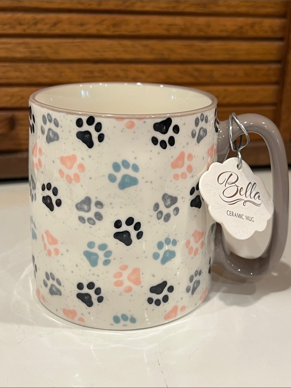 Bella Ceramic mug with multi-color paw prints for dog mom / dog dad